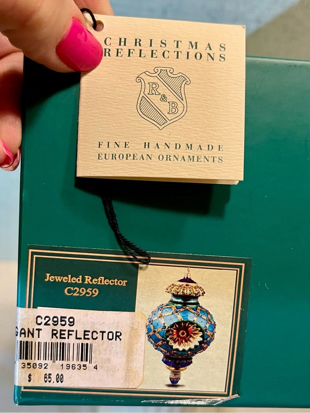 VINTAGE REED & BARTON EUROPEAN HANDCRAFTED Teal & Gold Glass Ornament RARE FIND